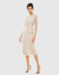 Beige Beaded Tea Length Dress w/ Sheer Sleeves