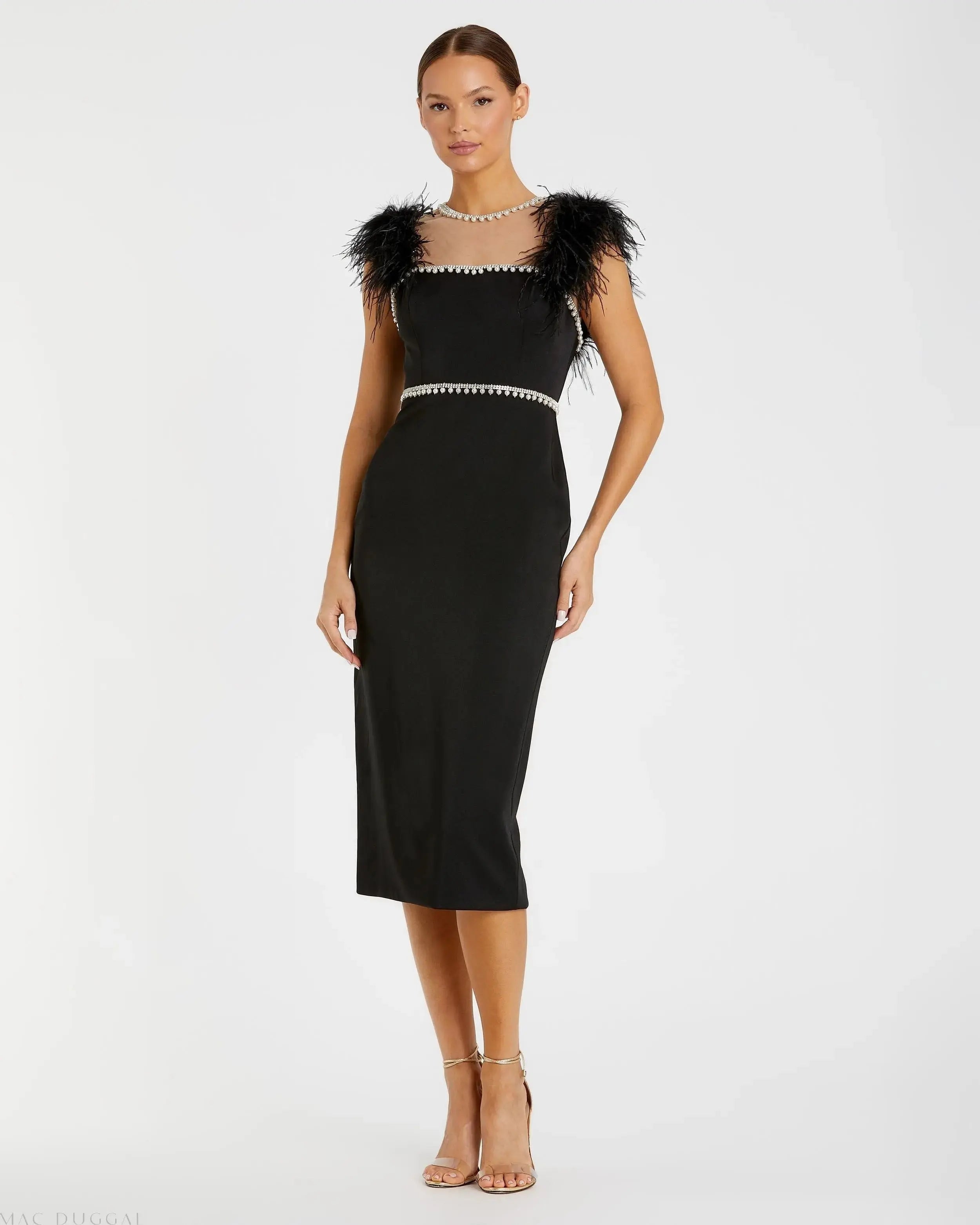 Feather Cap Sleeve Pearl Embellished Tea-length Dress