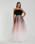 Black Ombre Strapless Feather Bodice Tulle Gown