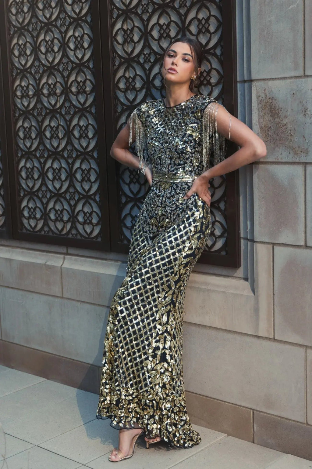 Black High Neck Beaded Fringe Fitted Gown