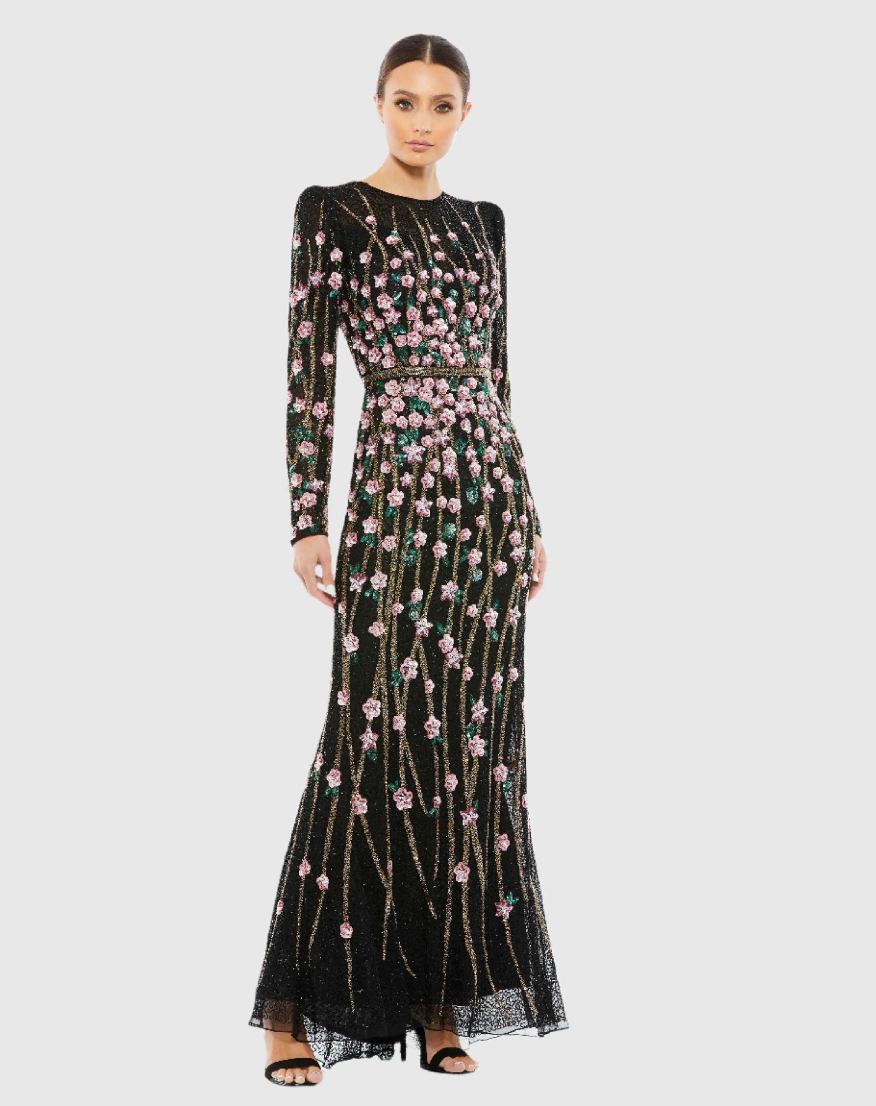 Black Embellished High Neck Long Sleeve Gown