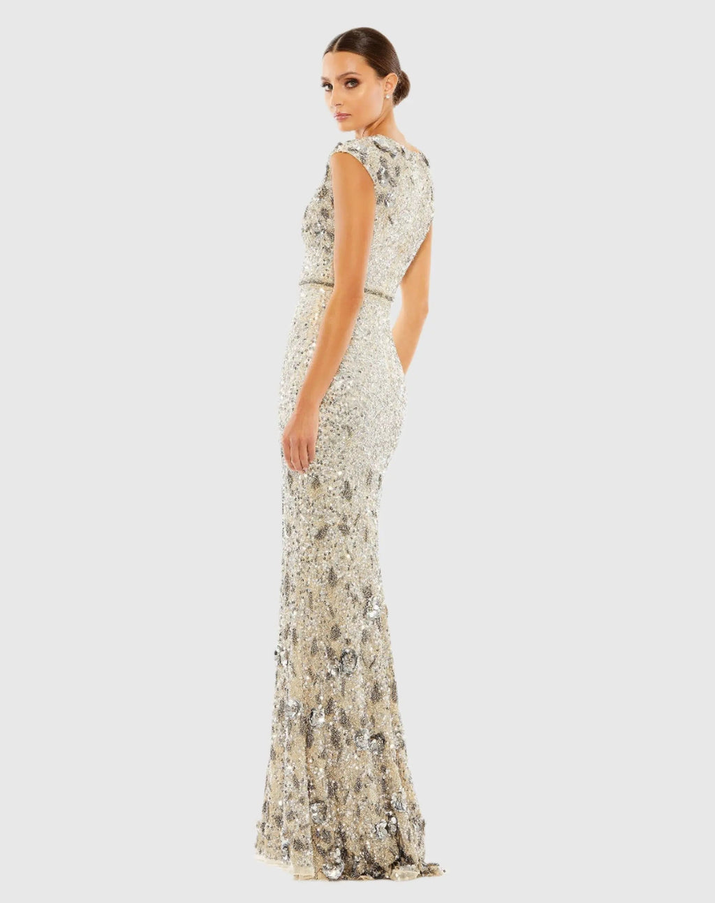 White and Silver Embellished V Neck Cap Sleeve Sequin Gown