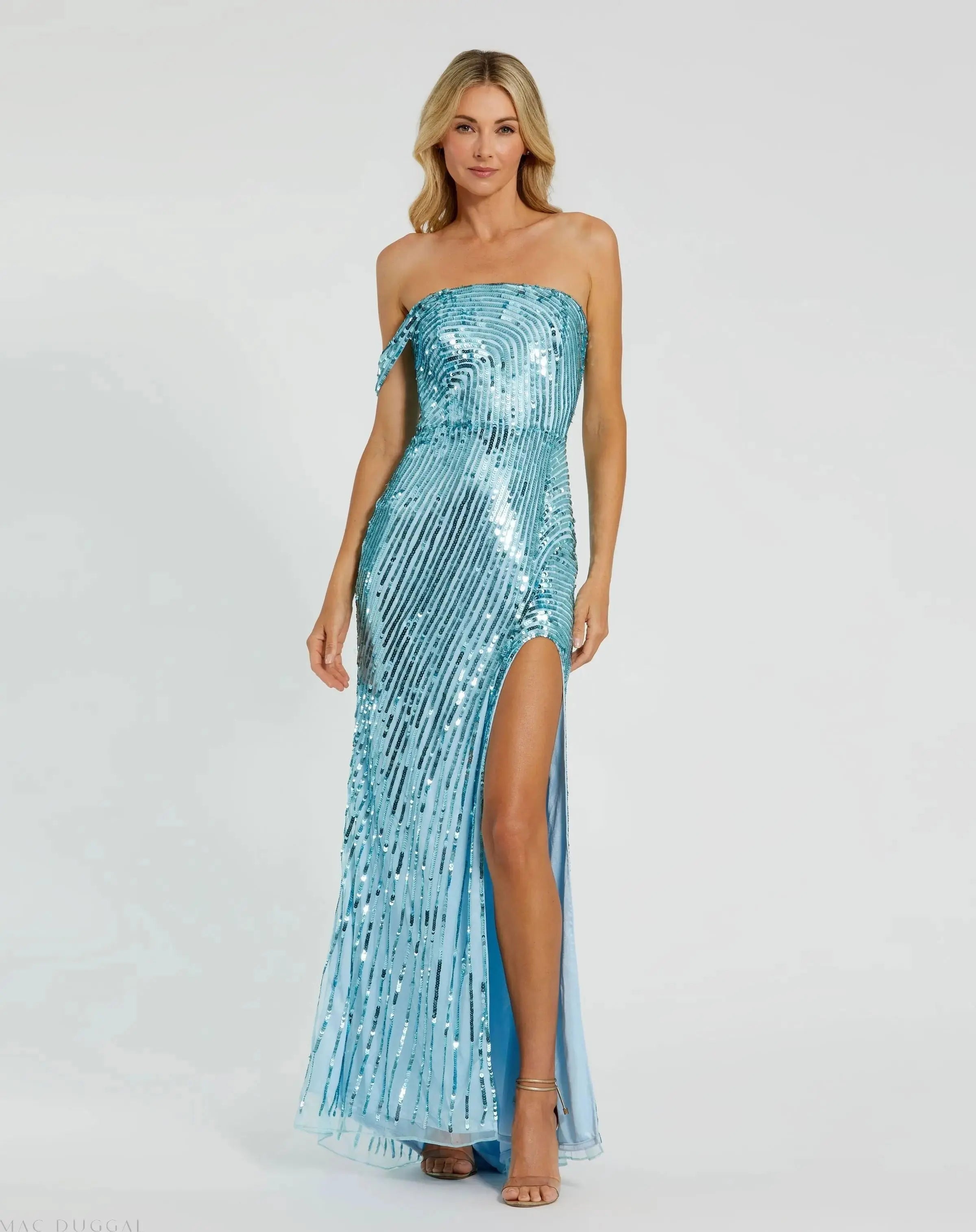 One Shoulder Mesh Sequin Gown With Slit