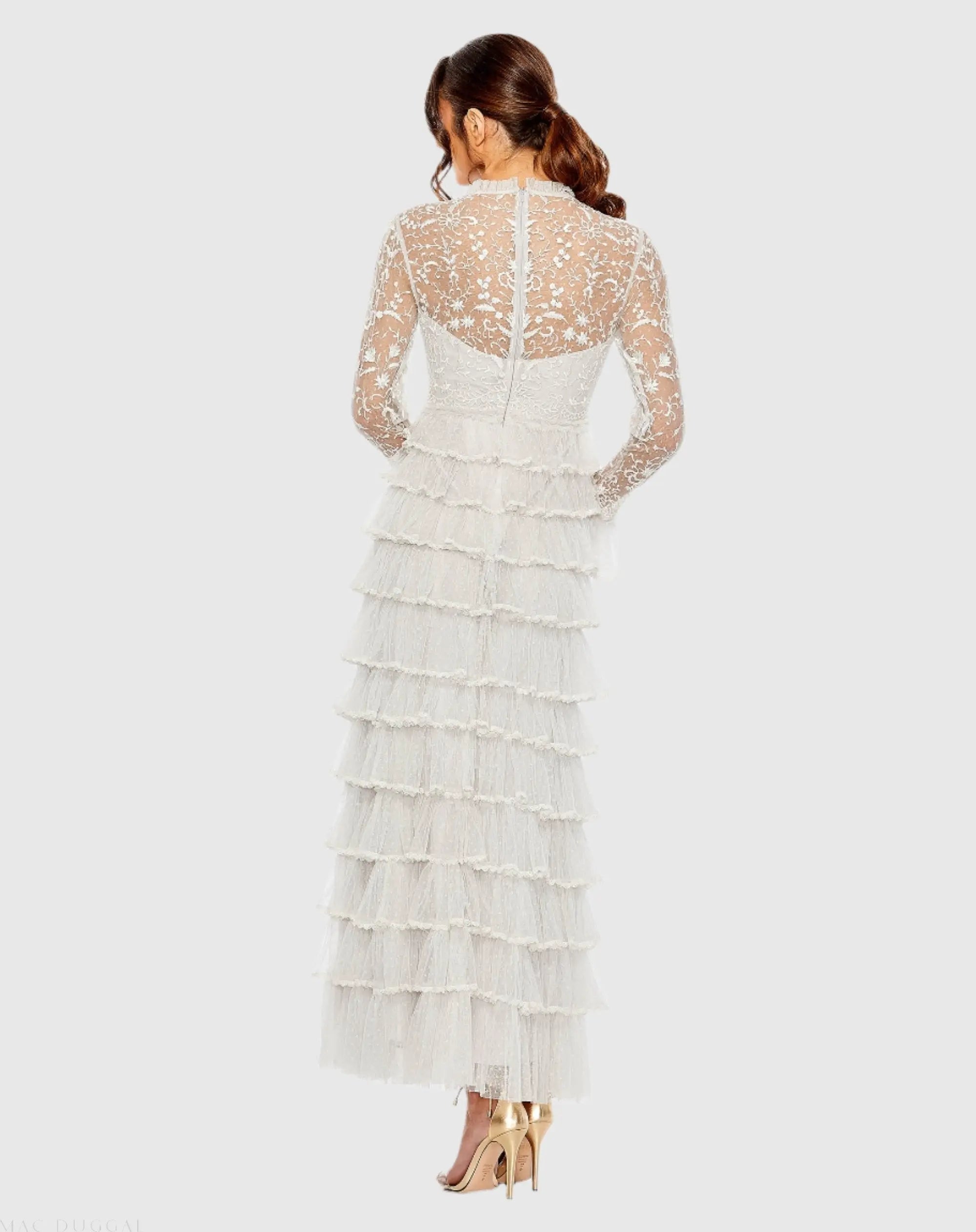 White Embroidered Long Sleeve Ruffled Tiered Dress