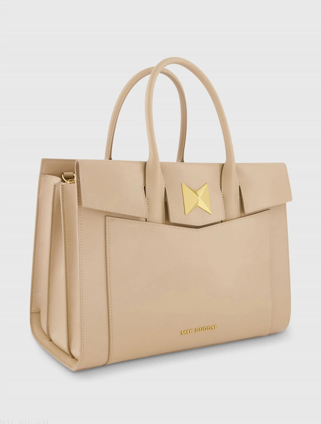 Beige Large Leather Briefcase Bag With Gold Hardware