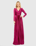 Purple Pleated Long Sleeve V-Neck Gown