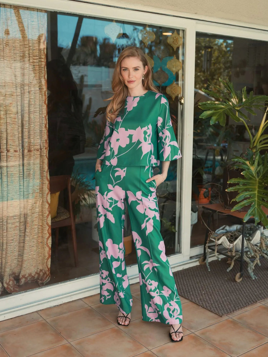Green Printed Crepe 3/4 Bell Sleeve High Neck Top - FINAL SALE